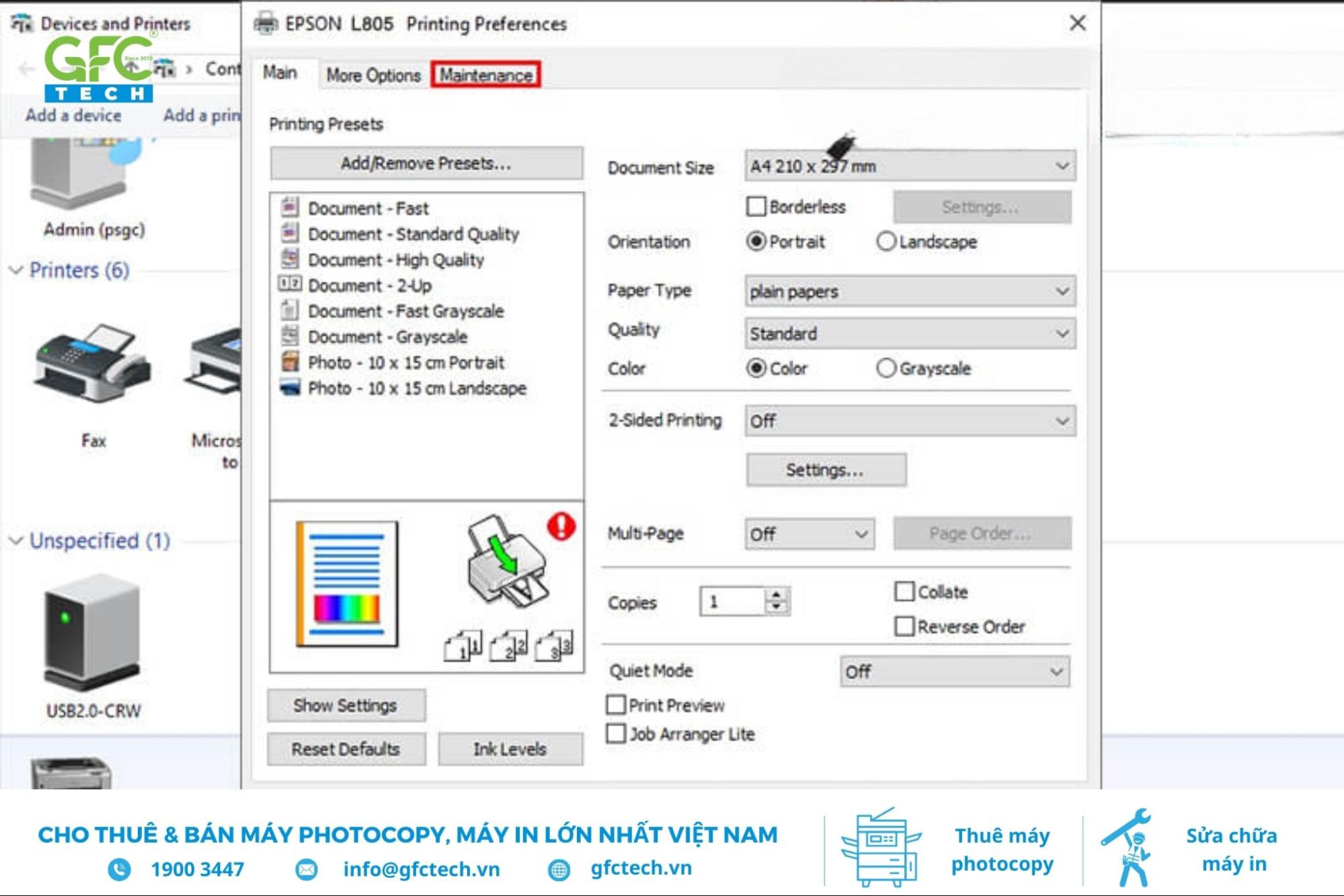 cách clear mực máy in epson l805